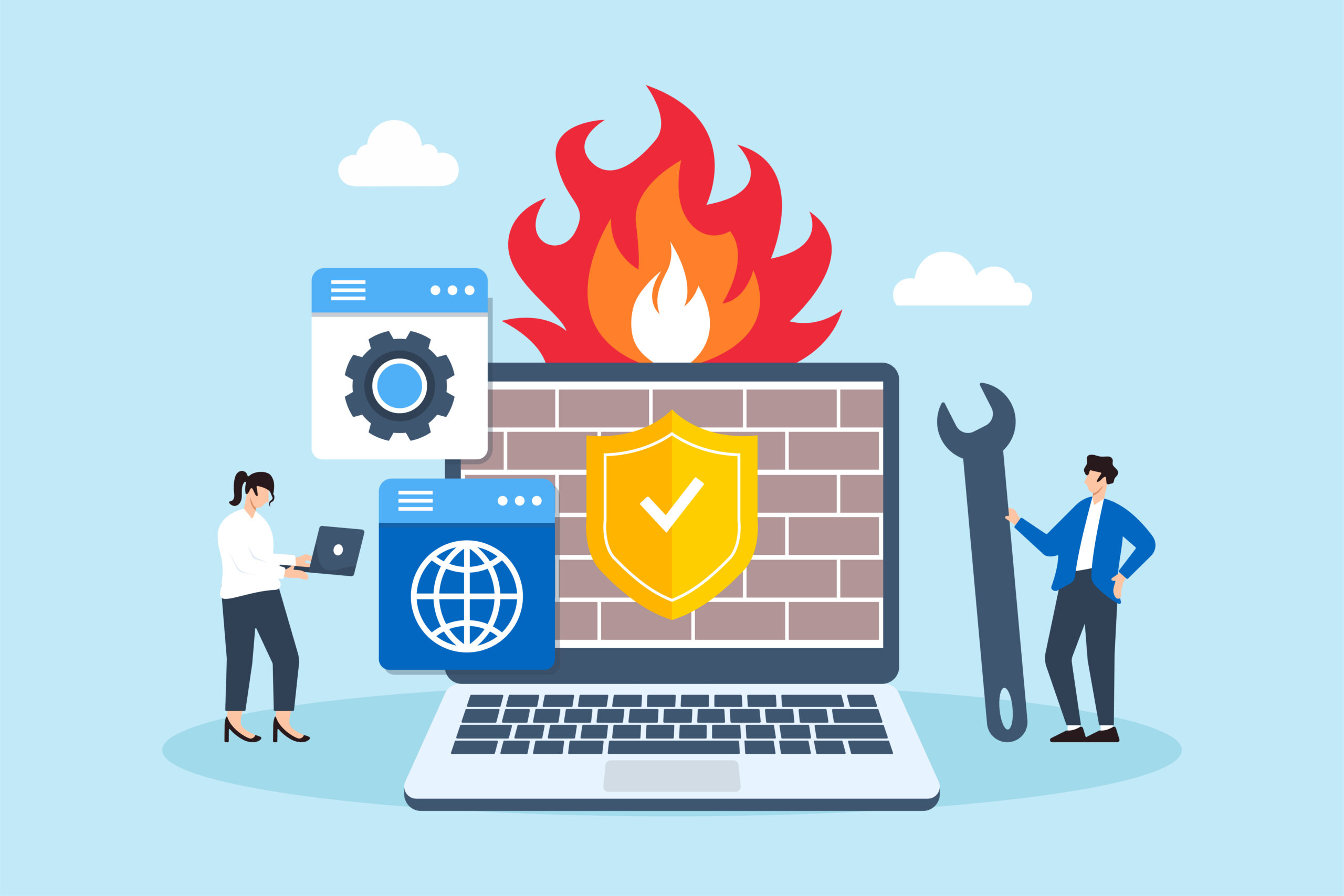 Flat illustration of two people configuring firewall settings network security and blocking unauthorized access cci Firewallbild