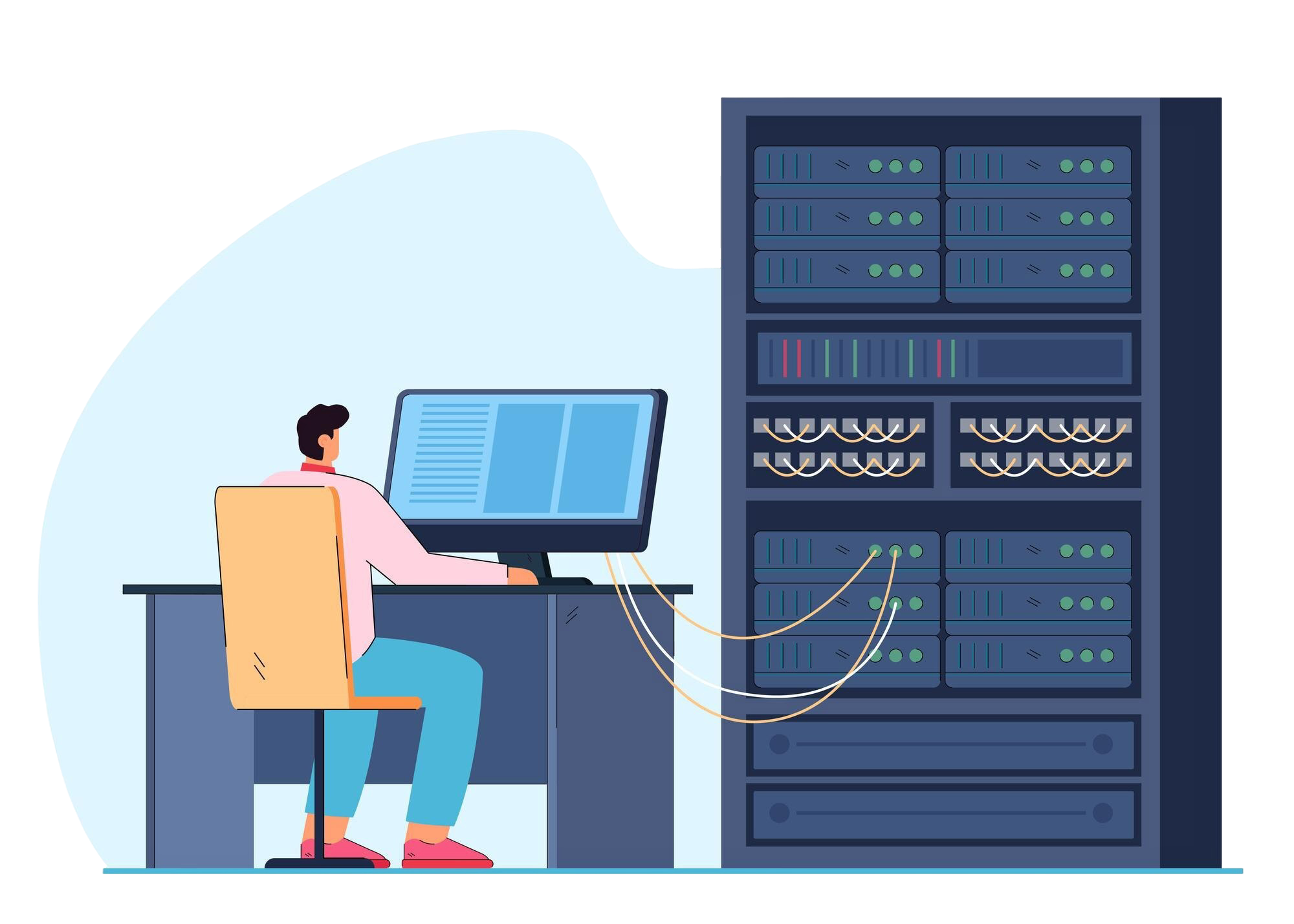 mann-ingenieur-der-an-der-computer-server-rack-schalttafel-arbeitet-guy-schalttafelschrank-mit-gesteckten-ethernet-lichtwellenleitern-telekommunikation-technisches-konzept-flache-abbildung CCI Server